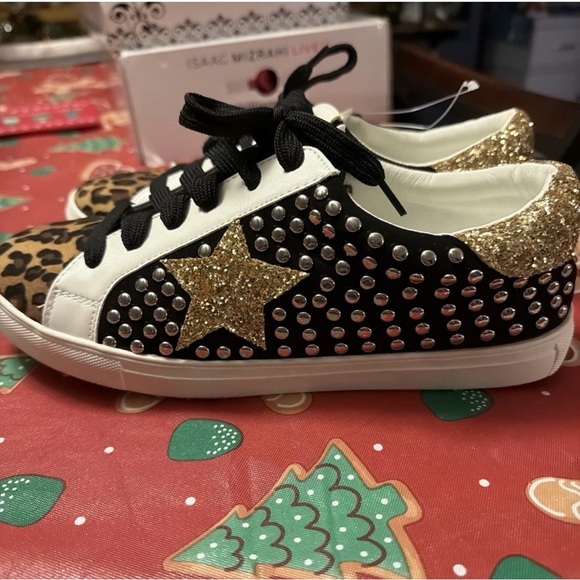 Leopard Print and Black Women's Sneakers - Picture 2 of 8